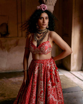 Close up look of hand–embroidered strappy blouse with red multi-tone lehenga