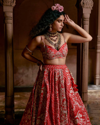 Close up look of hand–embroidered strappy blouse with red multi-tone lehenga