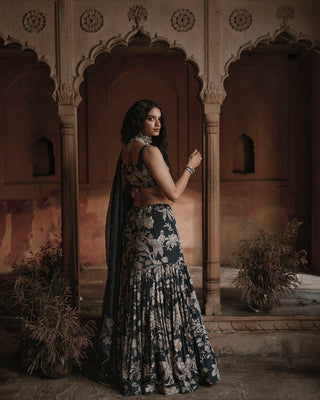 A side profile to show the lehenga and the fish cut design