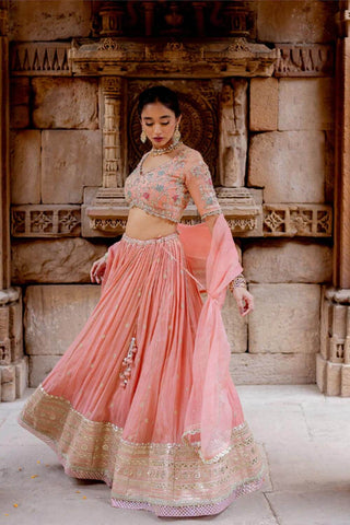 Featuring a rose pink embroidered flared lehenga in zari tissue base with zari, pearls and sequins embroidered thick border. It is paired with a matching hand embroidered blouse in tissue base with deep V-neckline and elbow length sleeves. It comes with a rose pink colored silk organza dupatta with gota lace border on all sides.