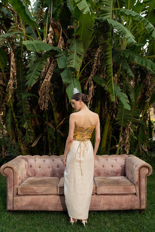 Yellow Banarasi Jacquard Print Corset and Ivory Jacquard Ruffle Pencil Skirt from back