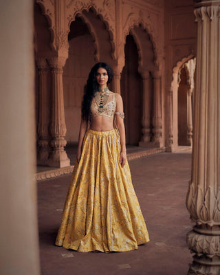 A self-woven jacquard lehenga in a soft tuscany yellow, with hand-embroidered lace borders and delicate pearls. It is paired with an off-white blouse hand-embroidered in delicate floral chintz and a scallop embroidered organza dupatta.