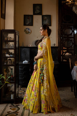 Yellow lehenga set from the side.