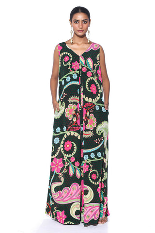 Emerald Accent Royal Paisley Inverted Box Pleat, Wide Leg Jumpsuit. Perfect for cocktail parties, dinner date or bohemian theme parties or for sundown soirees. Designed by Siddharth Bansal.