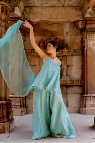 Model posing to show the style and design of sharara outfit