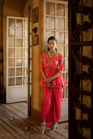 Sunheri Russian Jacquard Peplum Set with Drapped Skirt a perfect look for day out, parties, engagement, cocktail night, sangeet and other festivities