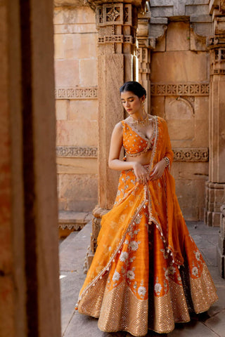 A perfect Tangerine lehenga set for bridal wedding ceremonies or Heldi fucntion.