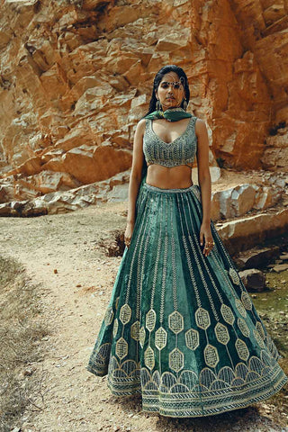 Velvet Turquoise full kali Lehenga paired with a backless heavy embroidered blouse resplendent in a gold salli, tikki & cut-daana handwork paired with a jaal bordered dupatta.