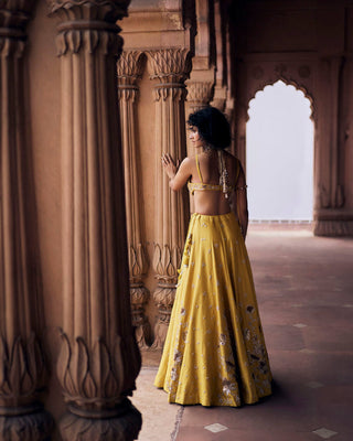 A close up look from the back of the tuscany yellow lehenga set