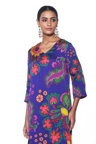 Close up look up of blue colorful printed kurta set for a chic and effortless look. Perfect for festive wear, Cocktail parties, Resort, Lounge wear casual elegance, and modern ethnic styling. Designer women attire.