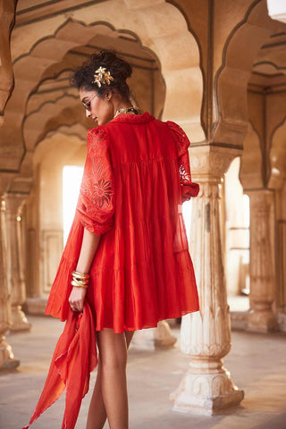 Indo-western casual summer dress in silk organza fabric, vermilion colour and can be purchased with or without scarf