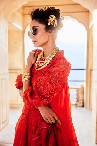 Indo-western casual summer dress with scarf in silk organza fabric, designer cut work embroidery on sleeves, vermilion colour for women and girls