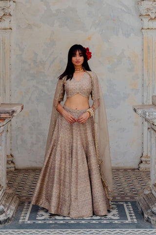 Featuring a warm grey silk hand block printed and embroidered blouse with scallop embroidered neckline. It is paired with a matching silk fit waist lehenga with pockets and comes with a warm grey silk organza dupatta with sequins booti border and gota lace edging on all sides. Designed by Ivory by Dipika